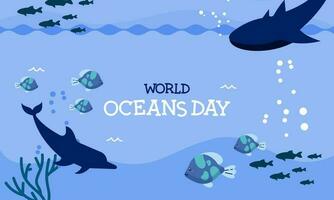 World ocean day cartoon illustration with underwater scenery dedicated vector