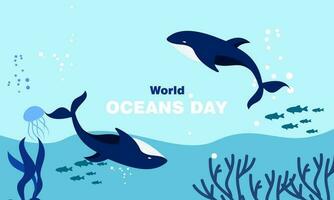 World ocean day cartoon illustration with underwater scenery dedicated vector