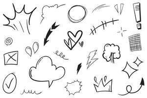 Vector set of hand-drawn cartoony expression sign doodle, curve directional arrows, emoticon effects design elements, cartoon character emotion symbols, cute decorative brush stroke lines.