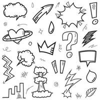 Vector set of hand-drawn cartoony expression sign doodle, curve directional arrows, emoticon effects design elements, cartoon character emotion symbols, cute decorative brush stroke lines.