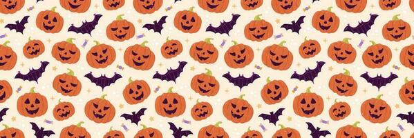 Halloween vector seamless pattern design with pumpkin, bat and candies