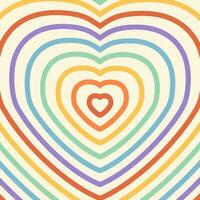 Psychedelic retro groovy background with shapes hearts. Rainbow colors stripes on beige backdrop. Heart shaped tunnel design. Trendy square banner template for social media vector