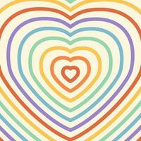 Psychedelic retro groovy background with shapes hearts. Rainbow colors stripes on beige backdrop. Heart shaped tunnel design. Trendy square banner template for social media vector