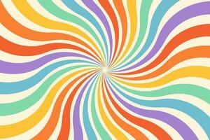 Groovy abstract rainbow swirl background. Retro vector design in 1960-1970s style. Vintage sunburst backdrop. Colorful summer hippie carnival illustration