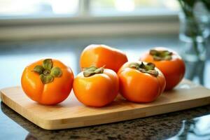 persimmons fruit in The kitchen table Food Photography AI Generated photo