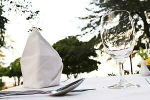 Glass of water on the breakfast table. photo