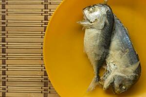 Mackerel in an orange dish on a mat. photo