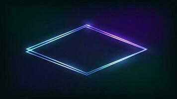 Neon double rhombus frame with shining effects on dark background. Empty glowing techno backdrop. Vector illustration.