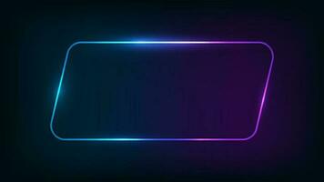 Neon rounded parallelogram frame with shining effects on dark background. Empty glowing techno backdrop. Vector illustration.