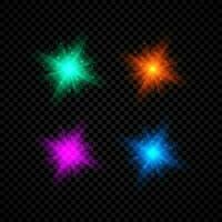 Light effect of lens flares. Set of four green, red, purple and blue glowing lights starburst effects with sparkles on a dark vector