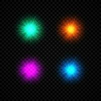 Light effect of lens flares. Set of four green, red, purple and blue glowing lights starburst effects with sparkles on a dark vector