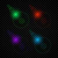 Light effect of lens flares. Set of four green, red, purple and blue glowing lights starburst effects with sparkles on a dark vector