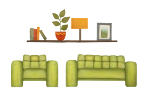 green upholstered sofa, armchair, book shelves. watercolor House plants, flowers, interior decor elements. Cozy furniture, fittings on transparent background. living room set of watercolor elements png