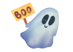 cute Ghost clipart on transparent background. Childish Watercolor hand drawn illustration for holiday cards, invitations to happy Halloween party. Kind funny ghost with frightening sign BOO png