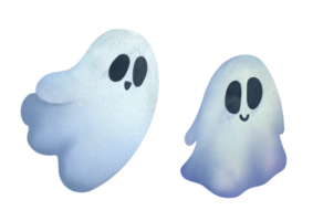 set of cute Ghost clipart on transparent background. Watercolor hand drawn illustration stickers for holiday cards and invitations to happy Halloween party. kids, baby halloween theme background png