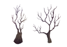 clipart set of hand drawn Old bare withered dry tree isolated on transparent background. Single dead tree silhouette for greeting card, festive poster or party invitations png