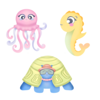 set with underwater animals isolated on transparent background. Clip art Cute summer children's illustrations featuring a pink octopus, a yellow seahorse and a sea turtle in large sunglasses png