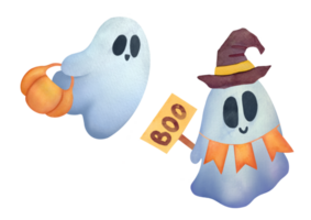 set of cute Ghost clipart on transparent background. Childish Watercolor hand drawn illustration for holiday cards, invitations to happy Halloween party. ghost with hat, pumpkin, frightening sign png