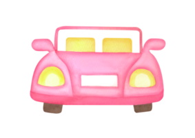 Hand drawn pink car without roof front view. Watercolor illustration isolated on transparent background. clipart cartoon convertible for creative design, greeting card, banner, stickers png