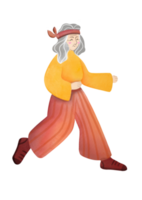 Aquarell Illustration auf transparent Hintergrund. glücklich Senior Frau ist genießen Joggen. Cardio Übungen und Laufen zum Senioren. Konzept von zugänglich Umgebung und gesund Lebensstil png