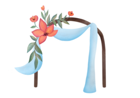 waterverf clip art tekening met bruiloft houten boog met gordijn, bloemen Aan transparant achtergrond. geschikt voor uitnodiging en groet kaarten in rustiek stijl. bruids symbool voor romantisch huwelijk png