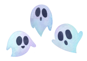 set of little Ghost clipart on transparent background. Watercolor hand drawn illustration stickers for holiday cards and invitations to happy Halloween party. kids, baby halloween theme background png