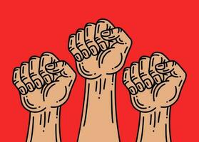 Different skin color activist fists and end racism slogan. abstract anti racist, strike or other protest label. vector