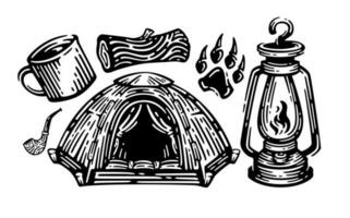 Big vector set of camping elements. doodle vintage illustration.