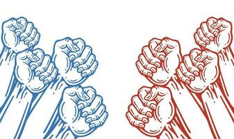 Group of red raised fists against group of blue raised fists, isolated on white background. doodle hand draw vector