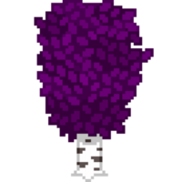 An 8-bit retro-styled pixel-art illustration of a birch tree with dark vibrant purple leaves. png