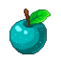 An 8-bit retro-styled pixel-art illustration of a blue apple. png