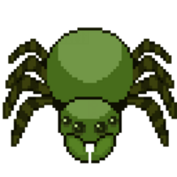 A retro-styled pixel-art illustration of a hairy green tarantula. png