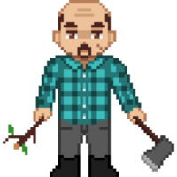 An 8-bit retro-styled pixel-art illustration of a lumberjack wearing a blue flannel and holding an iron axe. png