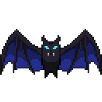 An 8-bit retro-styled pixel-art illustration of a blue vampire bat with glowing eyes. png