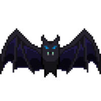 An 8-bit retro-styled pixel-art illustration of a dark purple and black bat. png