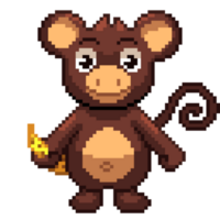 An 8-bit retro-styled pixel-art illustration of a brown monkey holding a banana, png