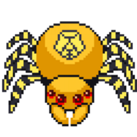 An 8-bit retro-styled pixel-art illustration of a yellow tarantula with a unique symbol on its back. png