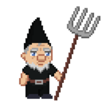 An 8-bit retro-styled pixel-art illustration of a gnome wearing a black robe and holding a pitchfork. png