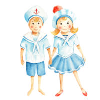 Cute little sailor boy and girl in a marine suit. Watercolour nautical illustration for children. Hand painted. For children cards, posters, baby clothing, twins baby shower. png