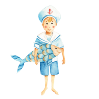 mignonne peu marin garçon dans une Marin costume avec bleu Jaune poisson. aquarelle nautique illustration pour les enfants. main peint. pour cartes, affiches, bébé impressions. png
