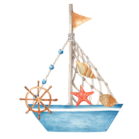 Cute watercolor ship, boat with wooden steering wheel, decorated with sea shells and red starfish. Hand painted summer sea nautical illustration. png