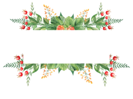 Watercolor floral horizontal frame. Cloudberry leaves and berries, fern, green branches, yellow wildflowers. Can be used for greeting cards, baby shower, banners, blog templates png