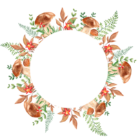 acuarela otoño circulo bosque marco con porcini hongos, helecho, verde ramas y rojo flores silvestres mano dibujado botánico ilustración. lata ser usado para logo diseño, como invitación tarjeta para cumpleaños. png