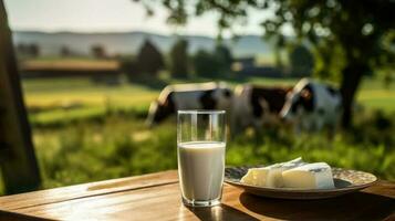 botella de Leche vaso de Leche y plato de queso en mesa en frente de un campo con vacas foto