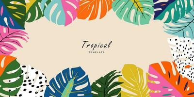 Summer template for background, poster, card, cover, label, banner in modern minimalist style and simple summer design templates with tropical leaves, flower, and plants. vector