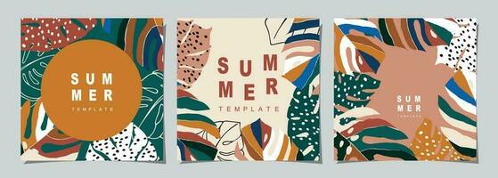 Summer template set for poster, card, cover, label, banner in modern minimalist style and simple summer design templates with tropical leaves, flower, and plants. vector