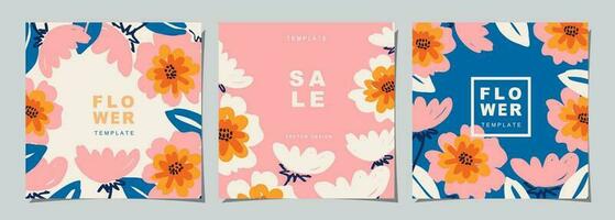 Flower template set for poster, card, cover, label, banner in modern minimalist style and simple summer design templates with florals and plants. vector