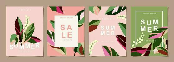 Summer template set for poster, card, cover, label, banner in modern minimalist style and simple summer design templates with tropical leaves, flower, and plants. vector