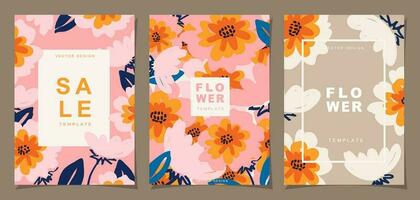 Flower template set for poster, card, cover, label, banner in modern minimalist style and simple summer design templates with florals and plants. vector