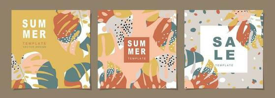 Summer template set for poster, card, cover, label, banner in modern minimalist style and simple summer design templates with tropical leaves, flower, and plants. vector